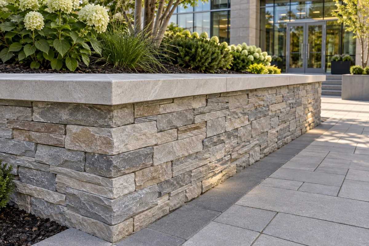 AI concept illustration: cultured stone facing and coping on a finished landscape wall
