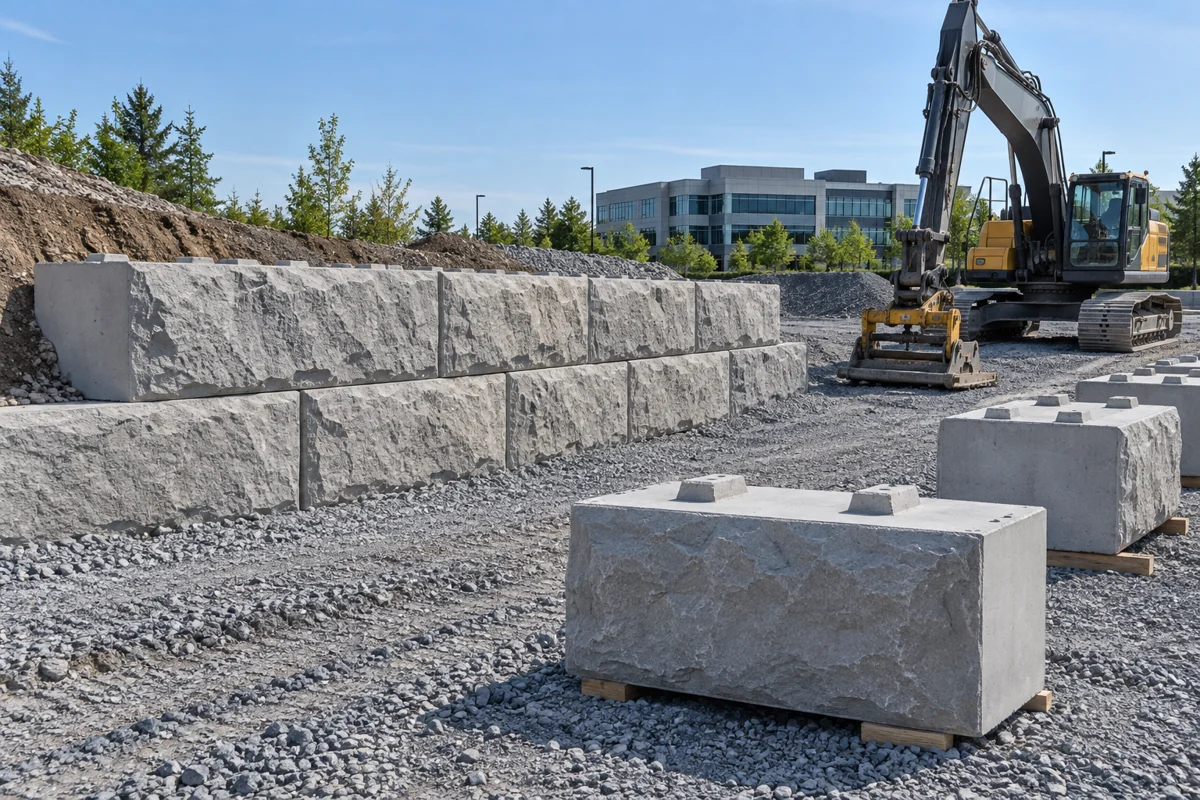 AI concept illustration: equipment and large precast retaining wall blocks at a commercial site